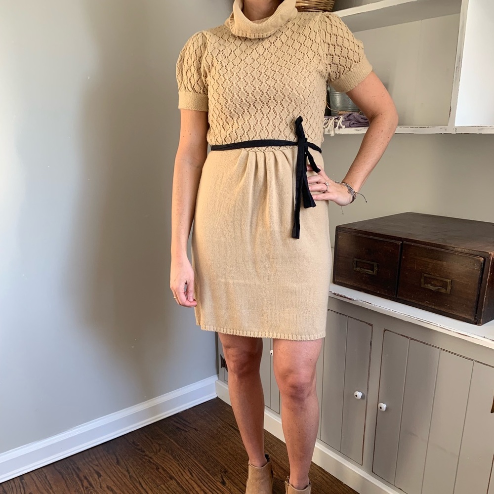 Knit, Short-sleeve, Belted, Turtleneck Shift Dress